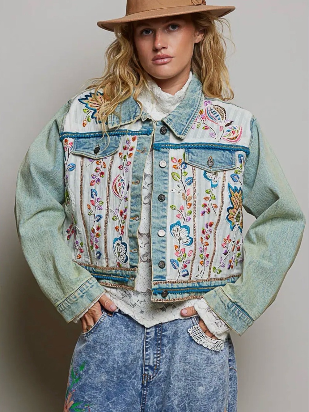 POL denim beaded sequin boho western tapestry patchwork floral jean jacket coat - Picture 2 of 5